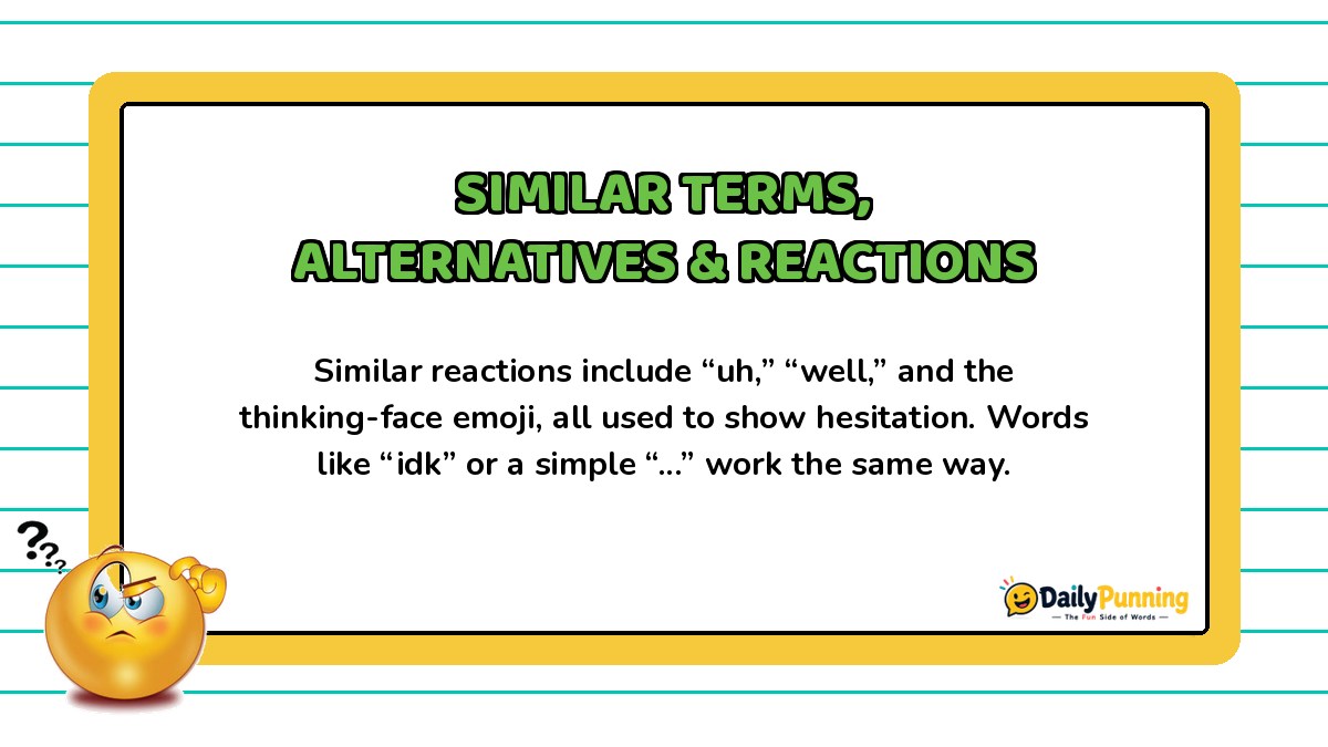 Similar terms, alternatives and related reactions to hmm explained on a yellow card with confused emoji and DailyPunning logo.