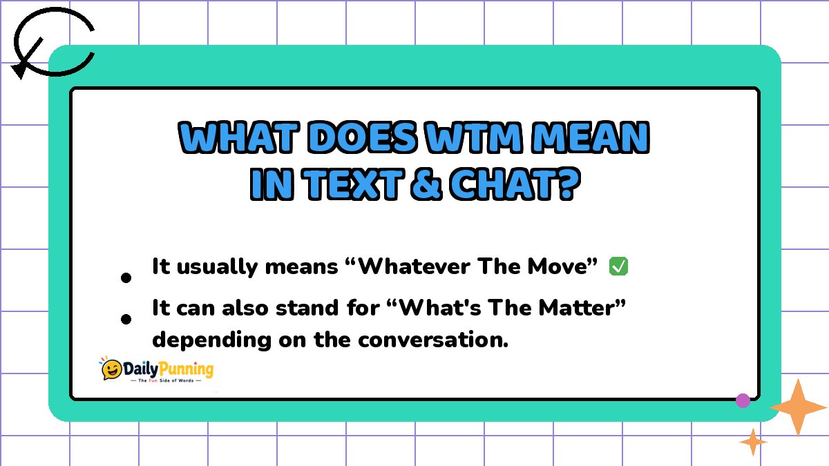 WTM meaning explained on a colorful text chat card showing texting slang definitions with DailyPunning logo and playful design elements.