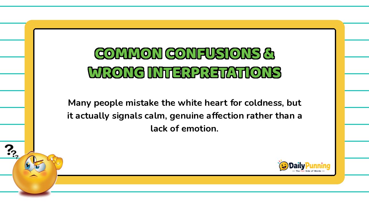 Common confusions and wrong interpretations of the white heart emoji explained on a yellow card with confused emoji and logo.