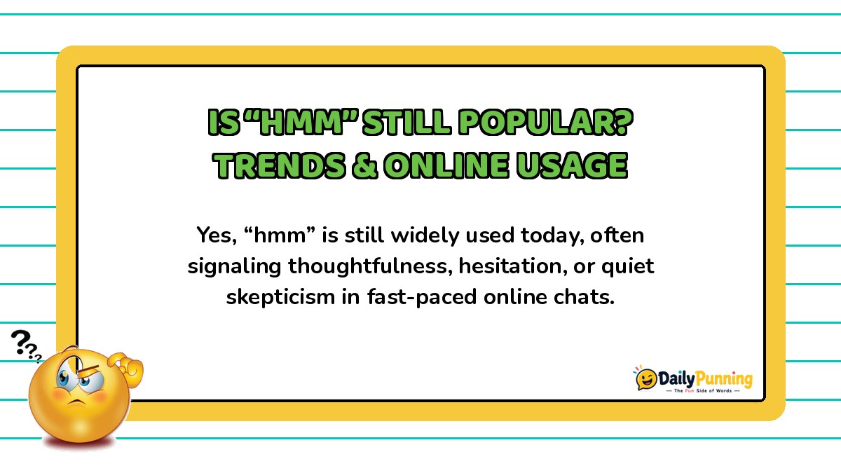 Is "hmm" still popular explained with trends and online usage on a yellow card with confused emoji and logo.