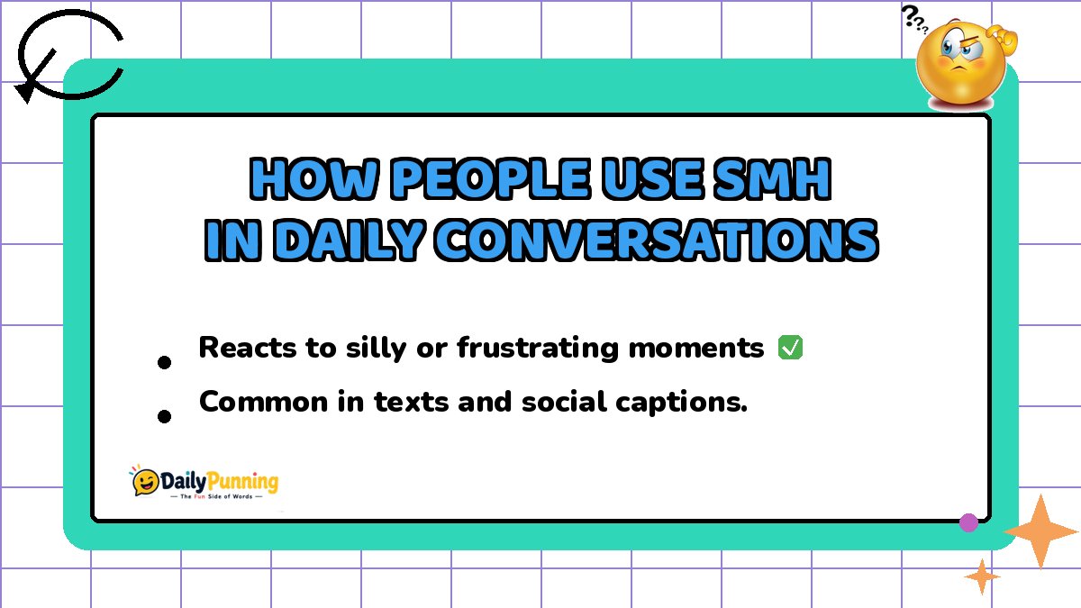 How people use SMH in daily conversations shown on a colorful chat card with checkmark badge, confused emoji, and DailyPunning logo.