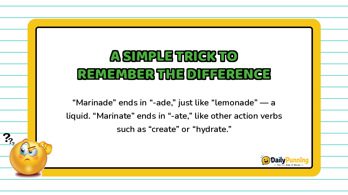 Simple trick to remember marinate versus marinade explained on a yellow-bordered card with paragraph text and DailyPunning logo.