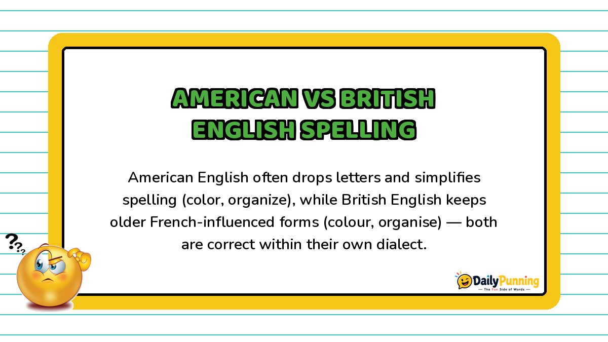 American vs British English spelling differences explained on a yellow-bordered card with paragraph text, confused emoji, and DailyPunning logo.