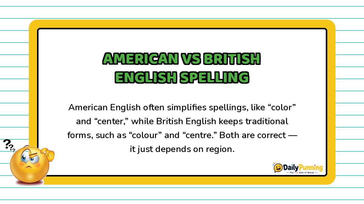 American vs British English spelling differences explained on a yellow-bordered card with paragraph text, confused emoji, and DailyPunning logo.