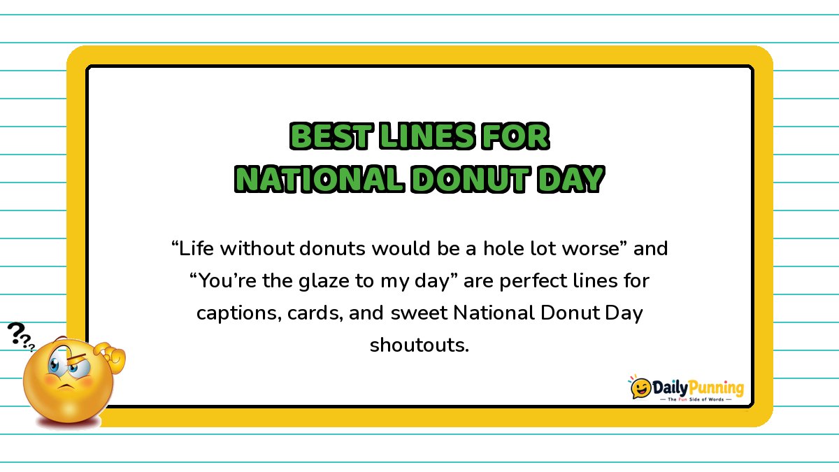 Best lines for National Donut Day featuring fun pun examples on a yellow-bordered card with the DailyPunning logo design.