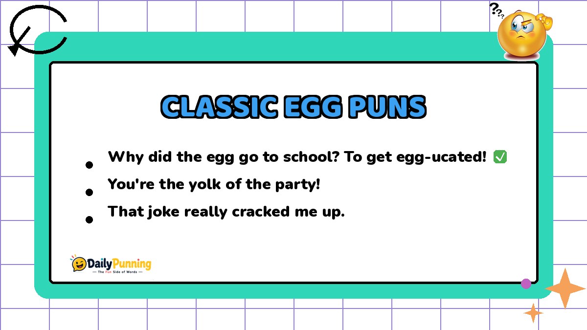 Classic egg puns list shown on a colorful card with checkmark badge, confused emoji, sparkle decorations, and DailyPunning logo design.