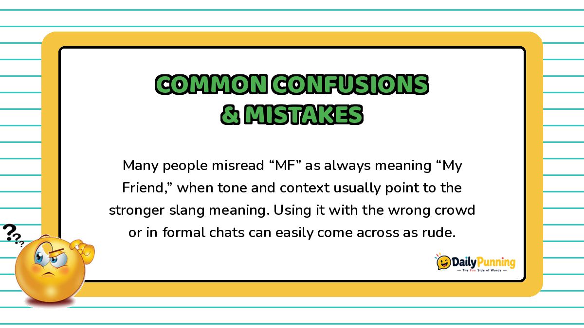Common MF confusions and mistakes explained on a yellow bordered card with confused emoji, paragraph text, and DailyPunning logo.