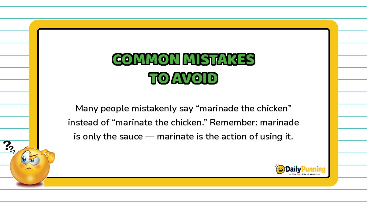 Common mistakes with marinate and marinade explained on a yellow-bordered card with paragraph text and DailyPunning logo design.