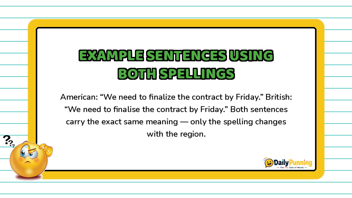 Example sentences using finalize and finalise spellings shown on a yellow-bordered card with paragraph text and DailyPunning logo.