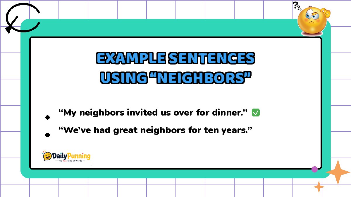 Example sentences using the word neighbors shown on a colorful chat card with checkmark badge and DailyPunning logo design.