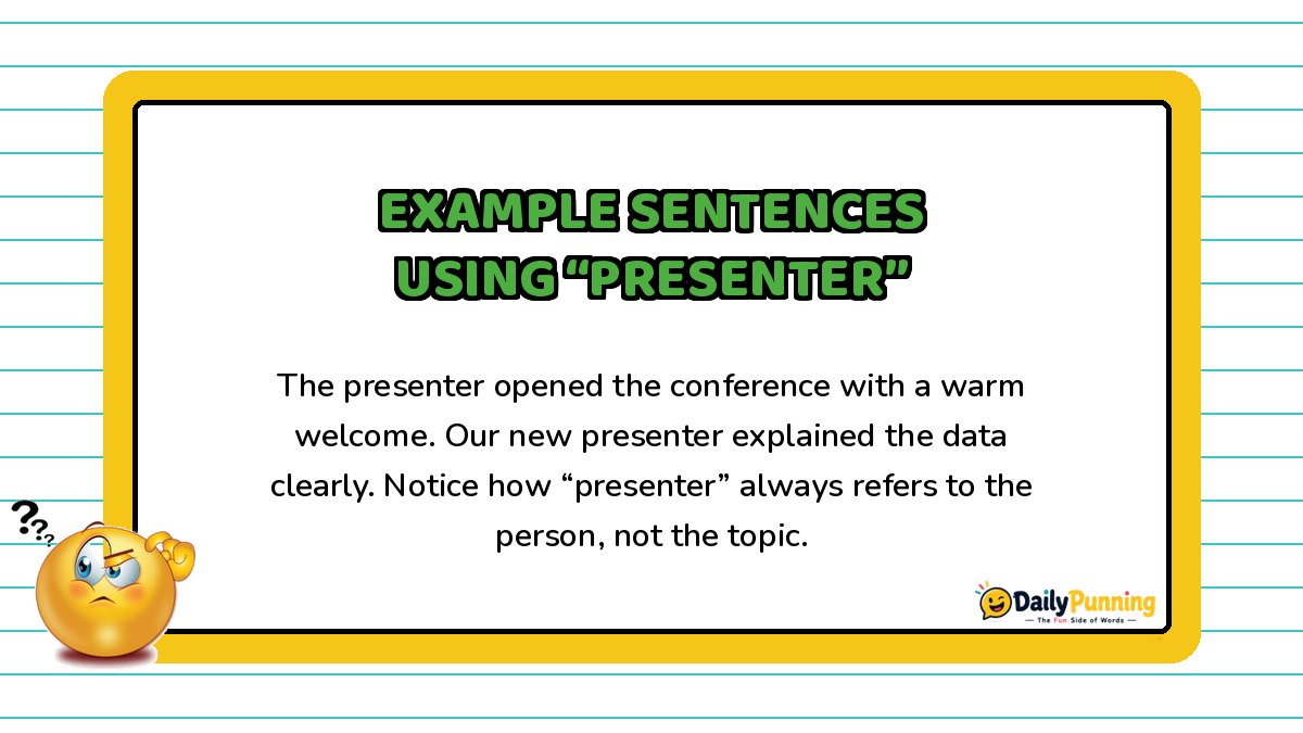 Example sentences using presenter shown on a yellow-bordered card with paragraph text, confused emoji, and DailyPunning logo design.