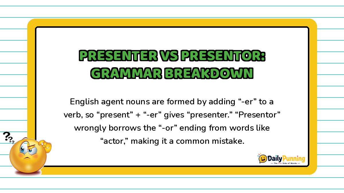 Presenter versus Presentor grammar breakdown explained on a yellow-bordered card with paragraph text, confused emoji, and DailyPunning logo.