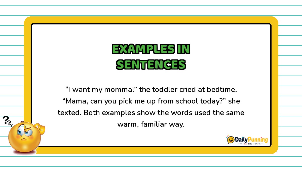 Momma and Mama example sentences shown on a yellow-bordered card with paragraph text, confused emoji, and DailyPunning logo design.