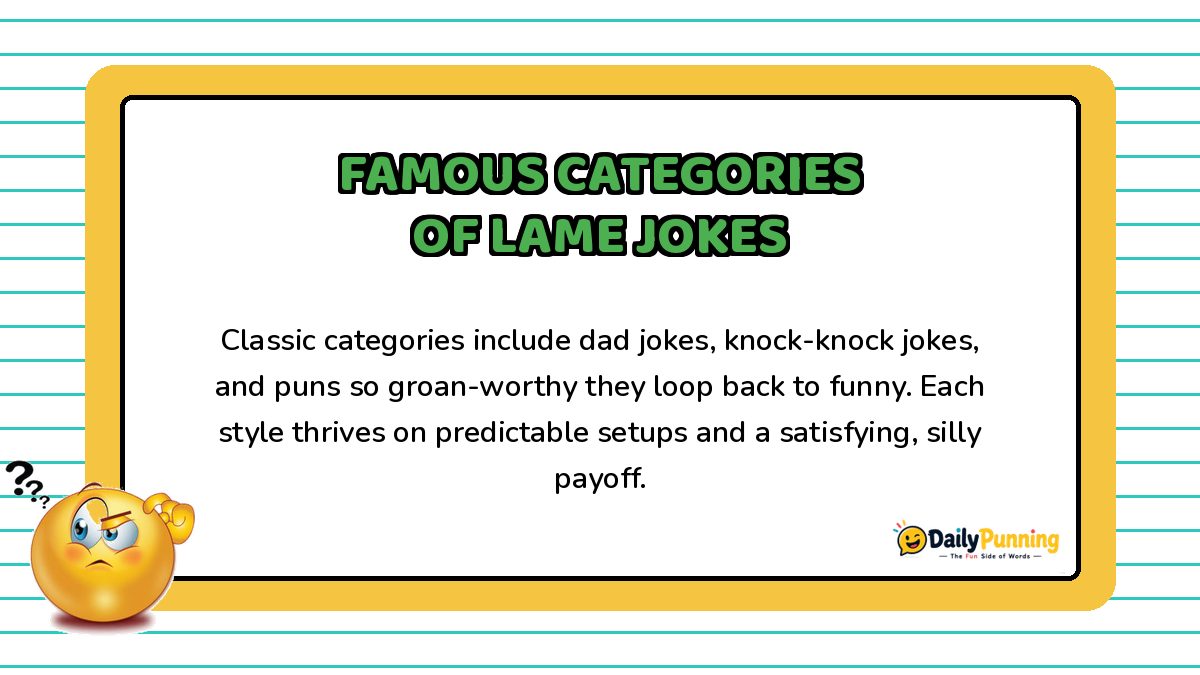 Famous categories of lame jokes explained on a yellow bordered card with confused emoji, paragraph text, and DailyPunning logo.