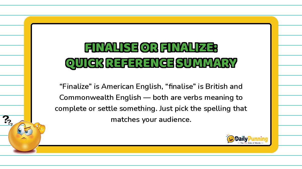 Finalise or Finalize quick reference summary shown on a yellow-bordered card with paragraph text and DailyPunning logo design.