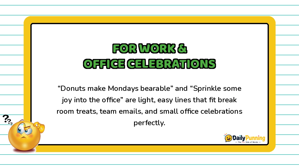 Donut puns for work and office celebrations shown on a yellow-bordered card with playful text and the DailyPunning logo.