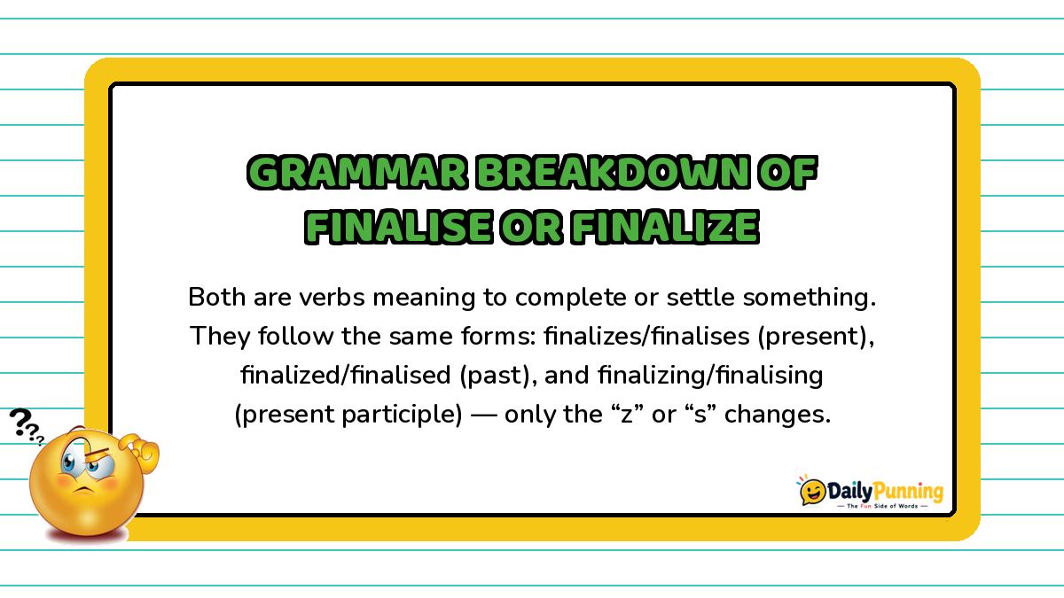 Grammar breakdown of finalise and finalize verb forms explained on a yellow-bordered card with paragraph text and DailyPunning logo.