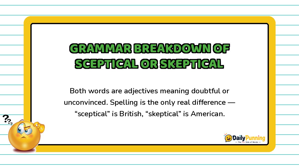 Grammar breakdown of sceptical vs skeptical explained on a yellow-bordered card with paragraph text, confused emoji, and DailyPunning logo.