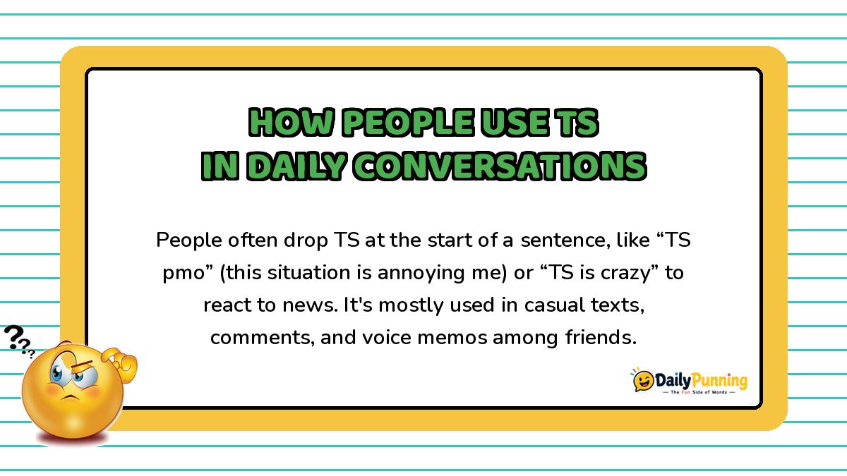 How people use TS in daily conversations explained on a yellow bordered card with confused emoji and DailyPunning logo.