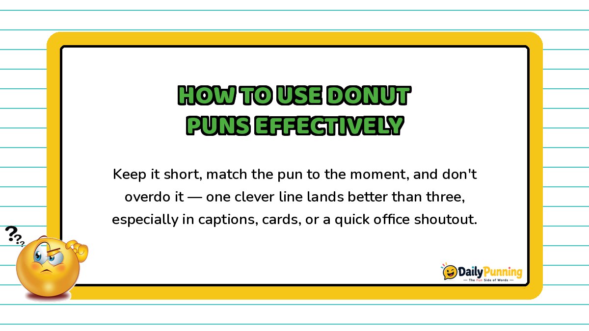 Tips for using donut puns effectively shown on a yellow-bordered card with paragraph text and the DailyPunning logo design.