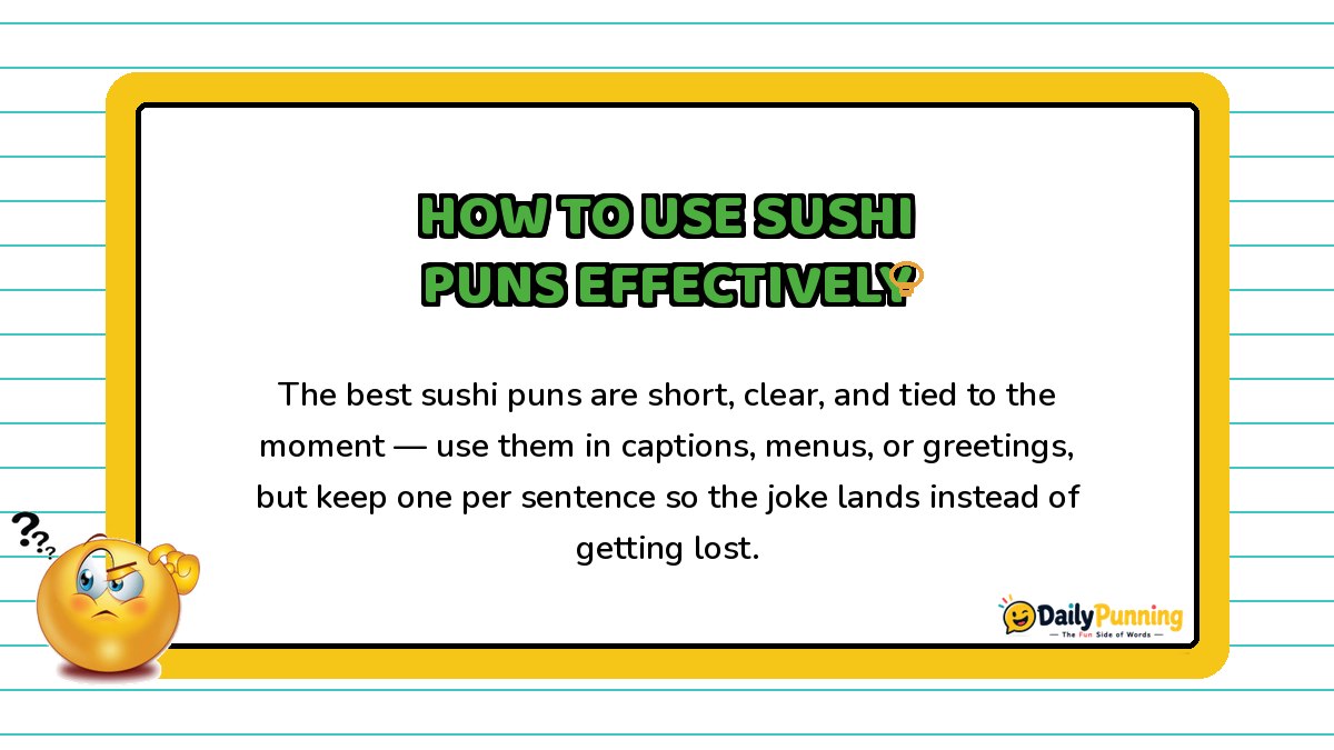 Tips for using sushi puns effectively explained on a yellow-bordered card with lightbulb icon, confused emoji, and DailyPunning logo.