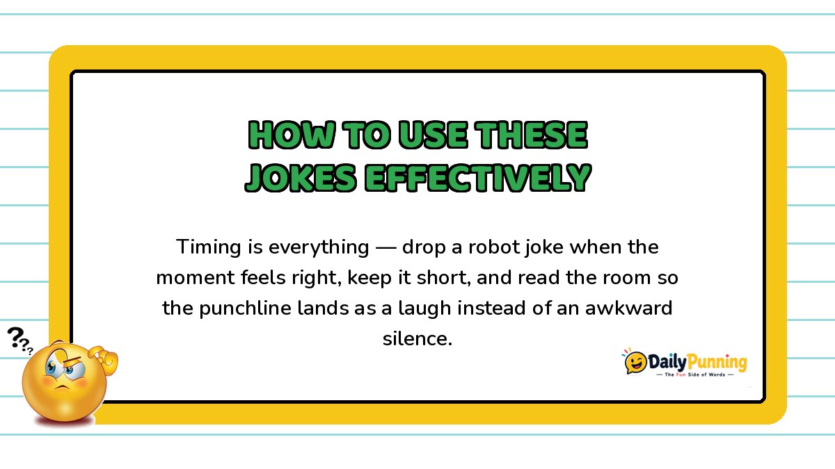 Yellow card explaining how to use jokes effectively with timing tips, confused emoji, green heading text, and DailyPunning logo branding.