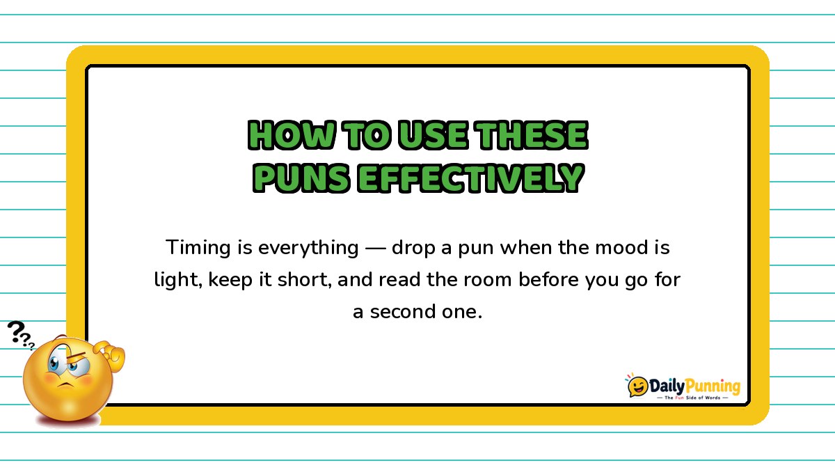 How to Use These Puns Effectively card with tips on pun timing, confused emoji, and DailyPunning logo design elements.
