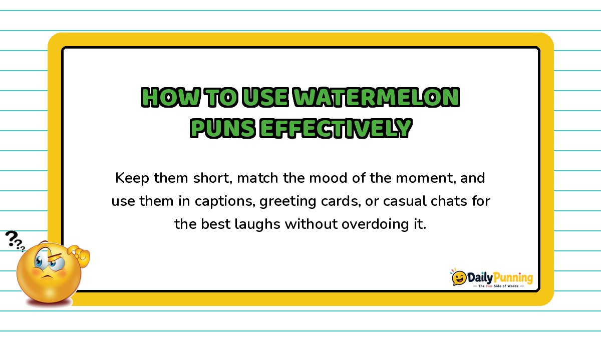 How to use watermelon puns effectively explained on a yellow-bordered card with tips text, confused emoji, and DailyPunning logo.