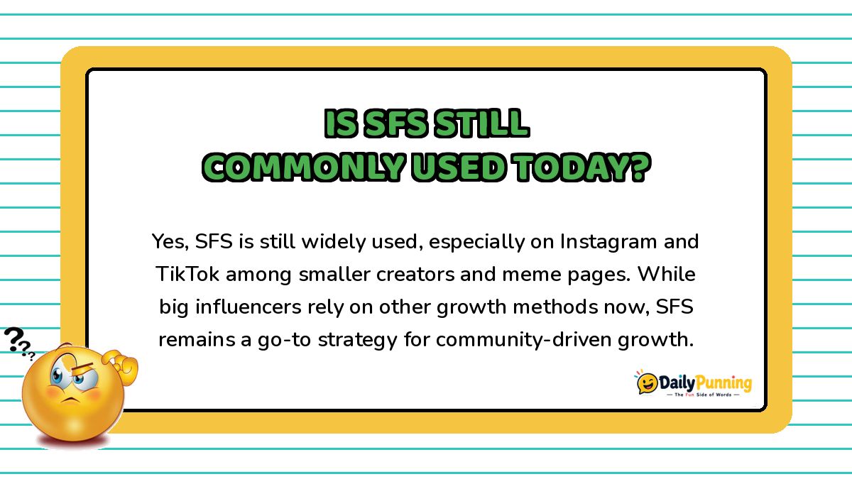 Is SFS still commonly used today explained on a yellow bordered card with confused emoji, paragraph text, and DailyPunning logo.