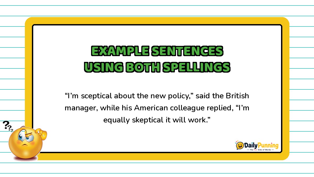Example sentences using sceptical and skeptical spellings shown on a yellow-bordered card with confused emoji and DailyPunning logo.