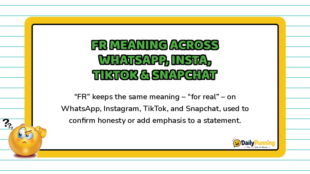FR meaning explained across WhatsApp, Instagram, TikTok and Snapchat on a yellow-bordered card with confused emoji and DailyPunning logo.