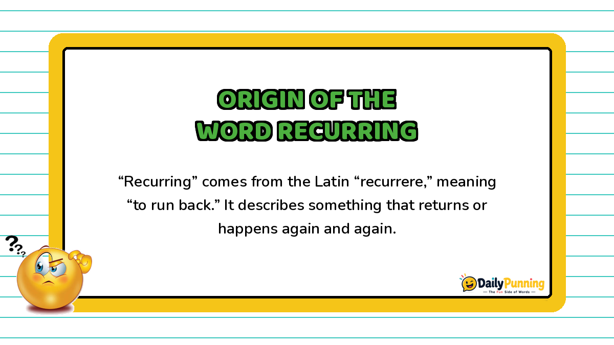 Origin of the word recurring from Latin explained on a yellow-bordered card with playful text, confused emoji, and DailyPunning logo.