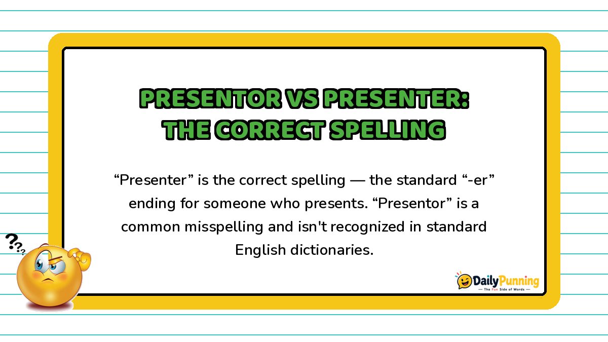 Presentor versus Presenter correct spelling explained on a yellow-bordered card with paragraph text, confused emoji, and DailyPunning logo.
