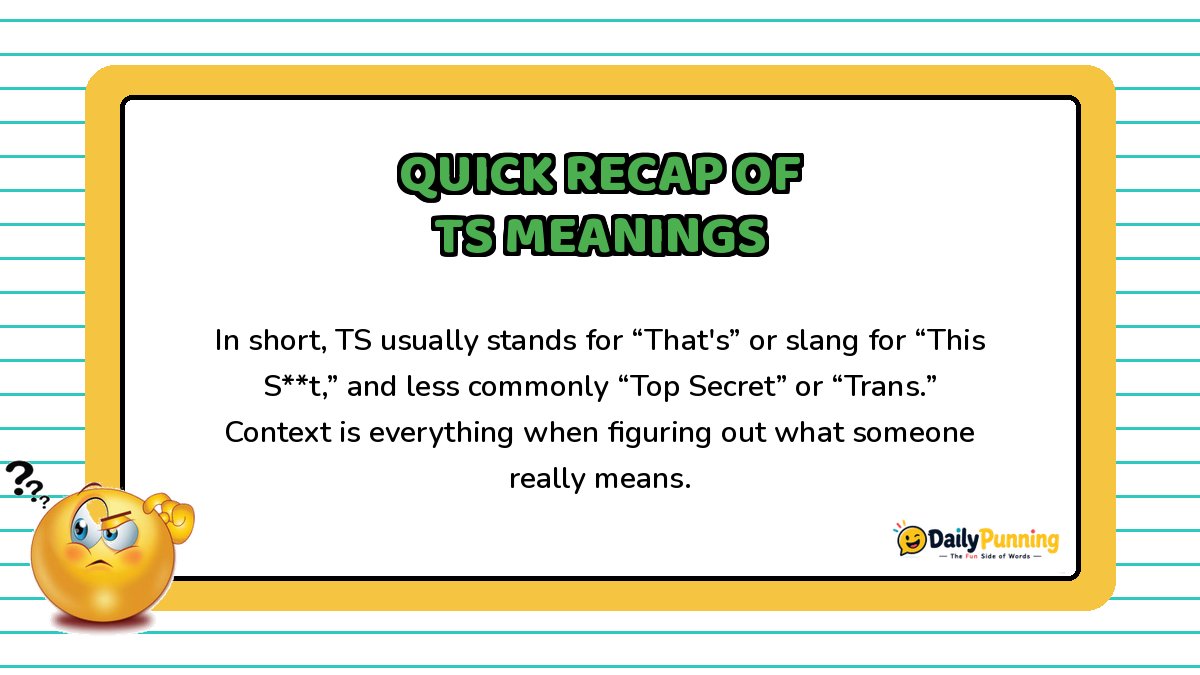 Quick recap of TS meanings explained on a yellow bordered card with confused emoji, paragraph text, and DailyPunning logo.