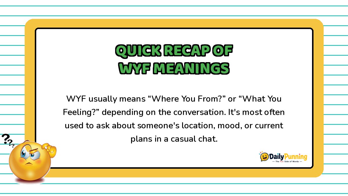 Quick recap of WYF meanings explained on a yellow bordered card with confused emoji, paragraph text, and DailyPunning logo.