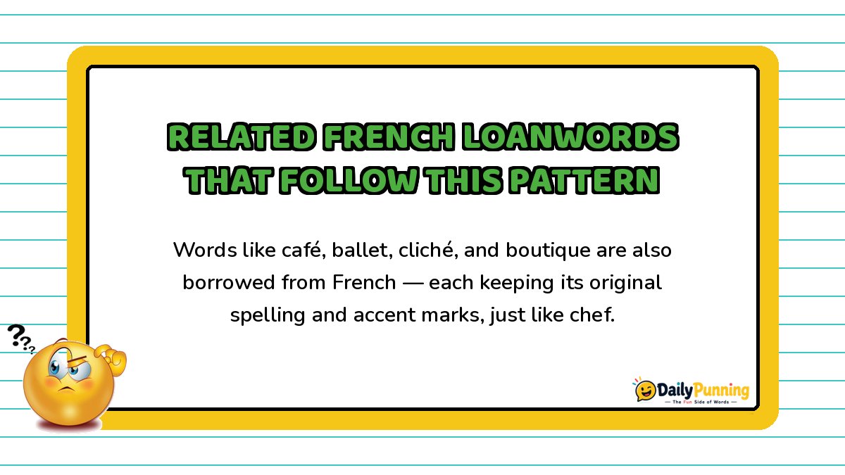 French loanwords related to chef explained on a yellow-bordered card with paragraph text, confused emoji, and DailyPunning logo design.