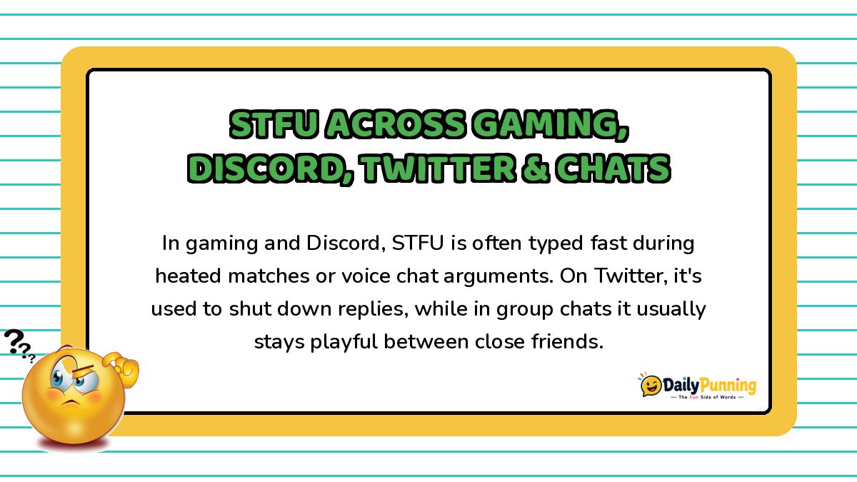 STFU meaning across gaming, Discord, Twitter and group chats explained on a yellow bordered card with DailyPunning logo.