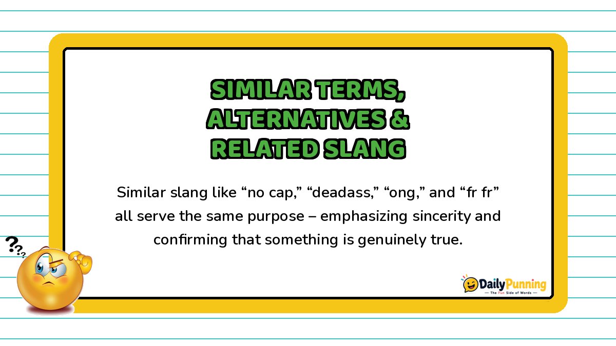 Similar terms and related slang like no cap and deadass explained on a yellow-bordered card with confused emoji and logo.