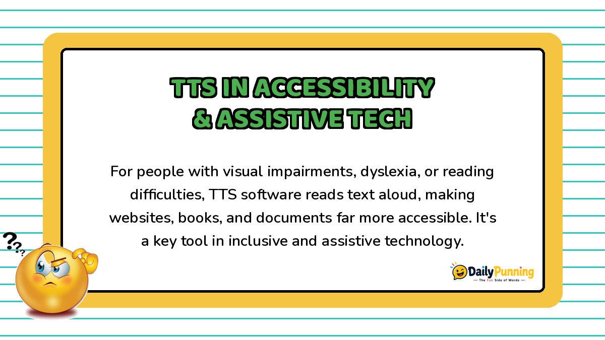 TTS in accessibility and assistive technology explained on a yellow bordered card with confused emoji, paragraph text, and DailyPunning logo.
