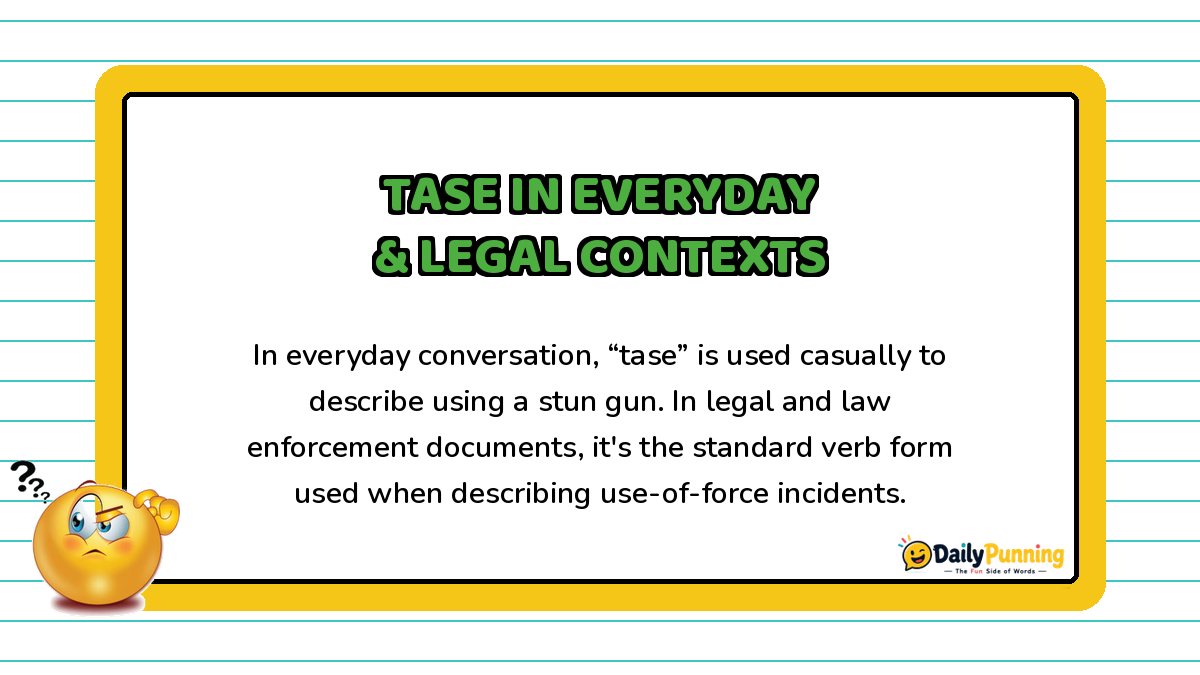 Tase usage in everyday speech and legal contexts explained on a yellow-bordered card with paragraph text and DailyPunning logo.v