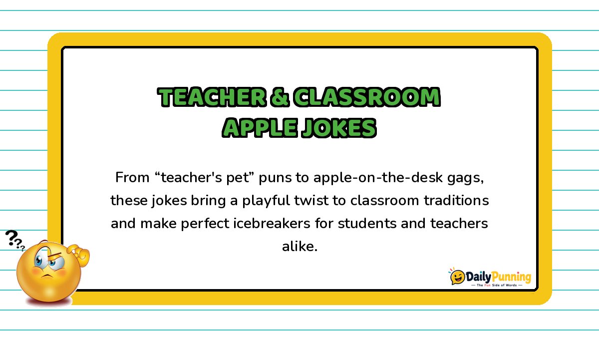 Teacher and classroom apple jokes explained on a yellow-bordered card with paragraph text, confused emoji, and DailyPunning logo design.