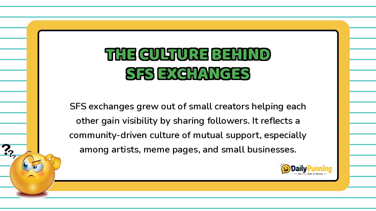 The culture behind SFS exchanges explained on a yellow bordered card with confused emoji, paragraph text, and DailyPunning logo.