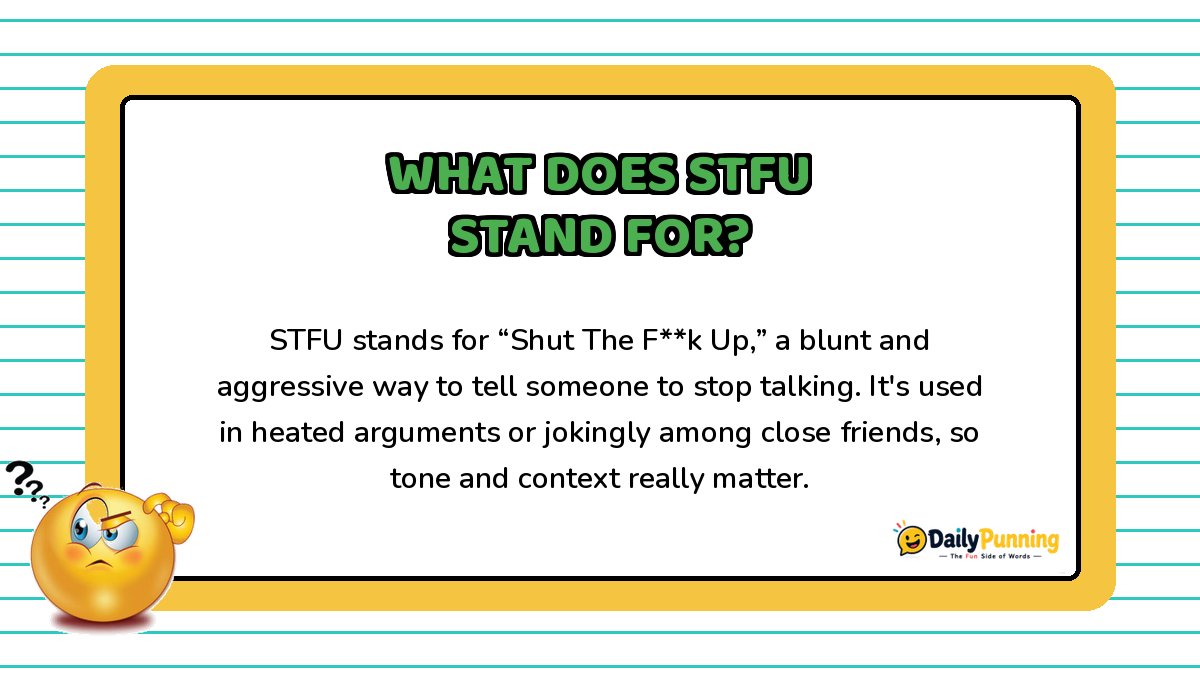 STFU meaning explained on a yellow bordered card with confused emoji, paragraph text, and DailyPunning logo design elements.