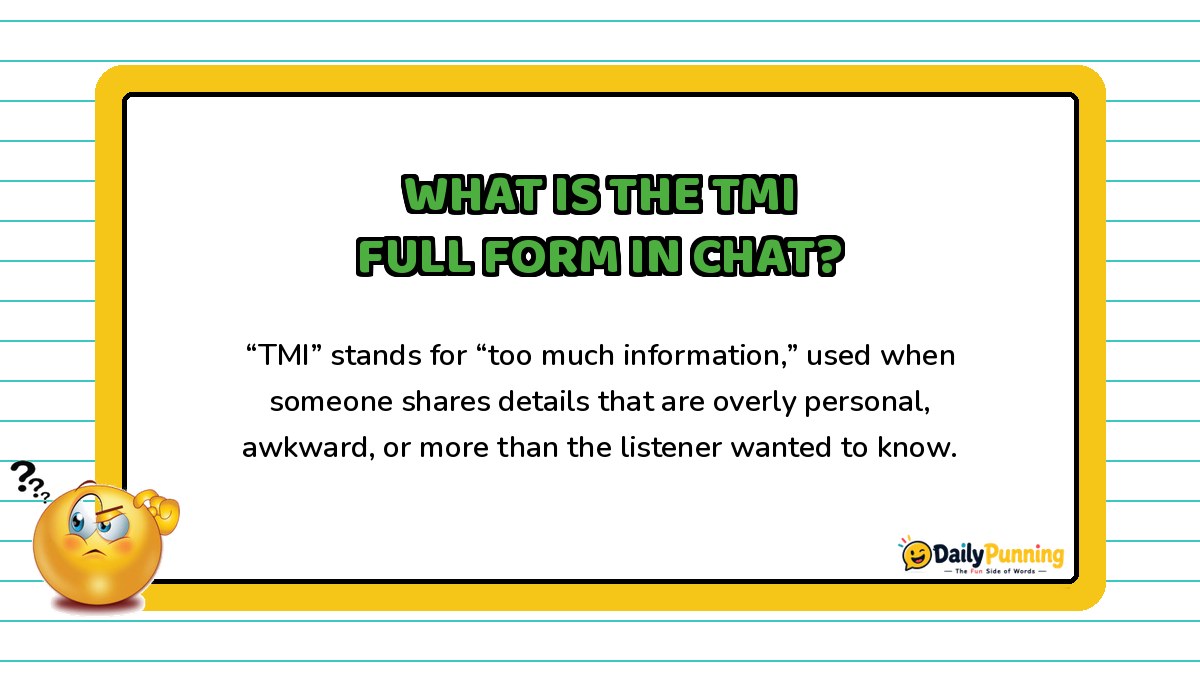 TMI full form in chat explained on a yellow-bordered card with paragraph text, confused emoji, and DailyPunning logo design.