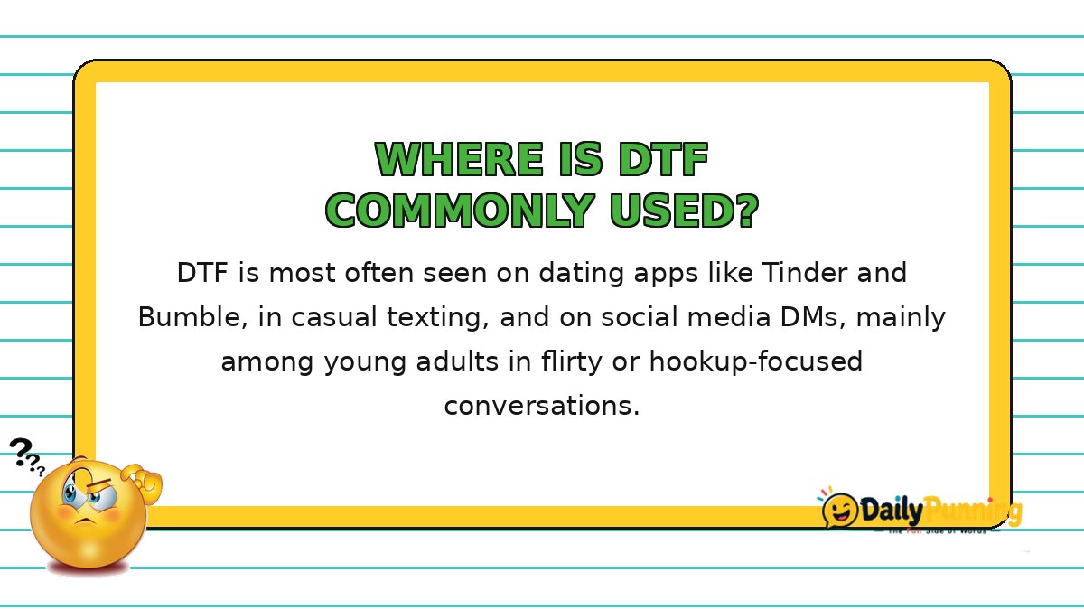 Where is DTF commonly used explained on a yellow card with confused emoji and DailyPunning logo about texting and dating apps.