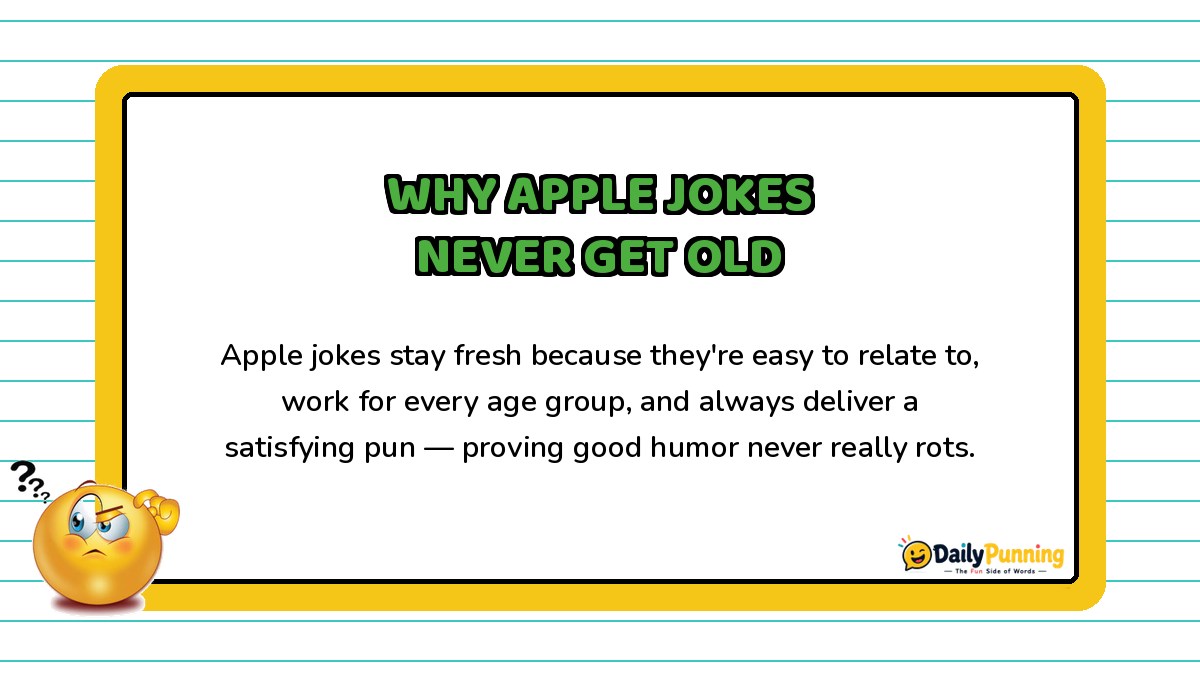 Why apple jokes never get old explained on a yellow-bordered card with paragraph text, confused emoji, and DailyPunning logo.