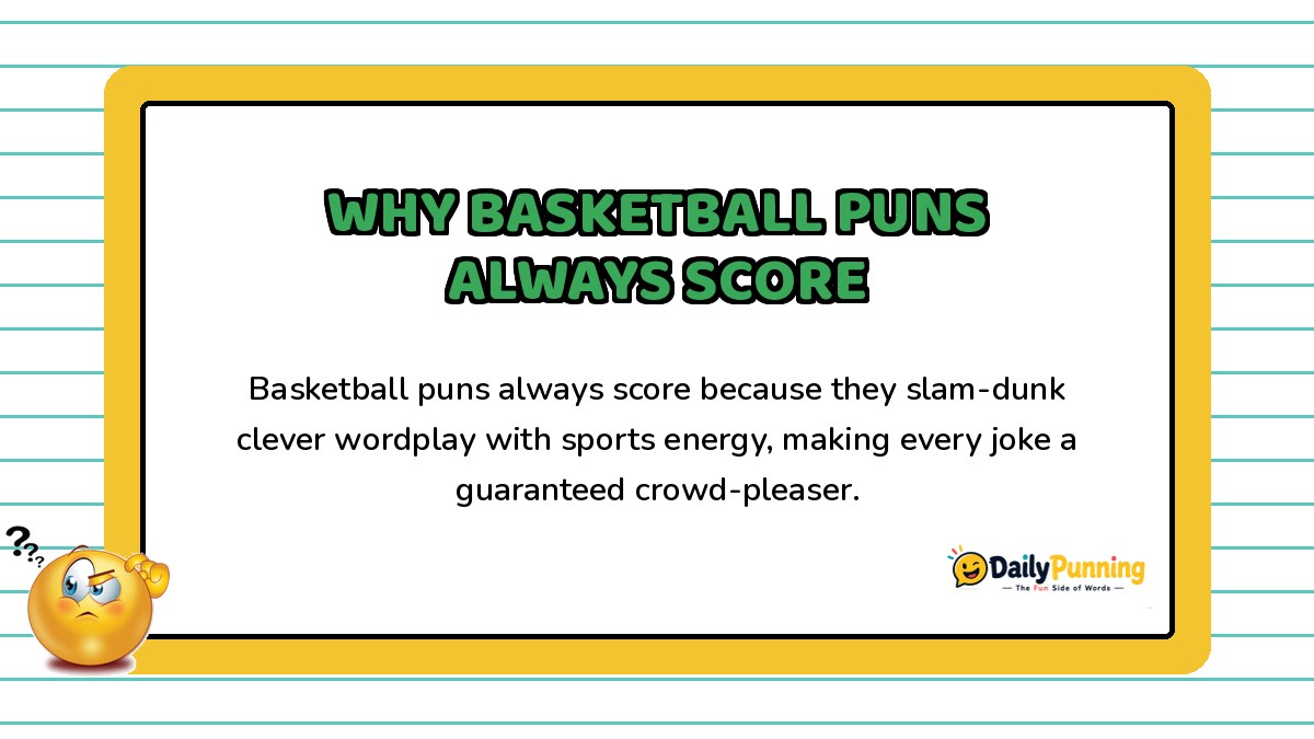Card explaining why basketball puns always score, with a confused emoji, yellow border design, and DailyPunning logo branding.