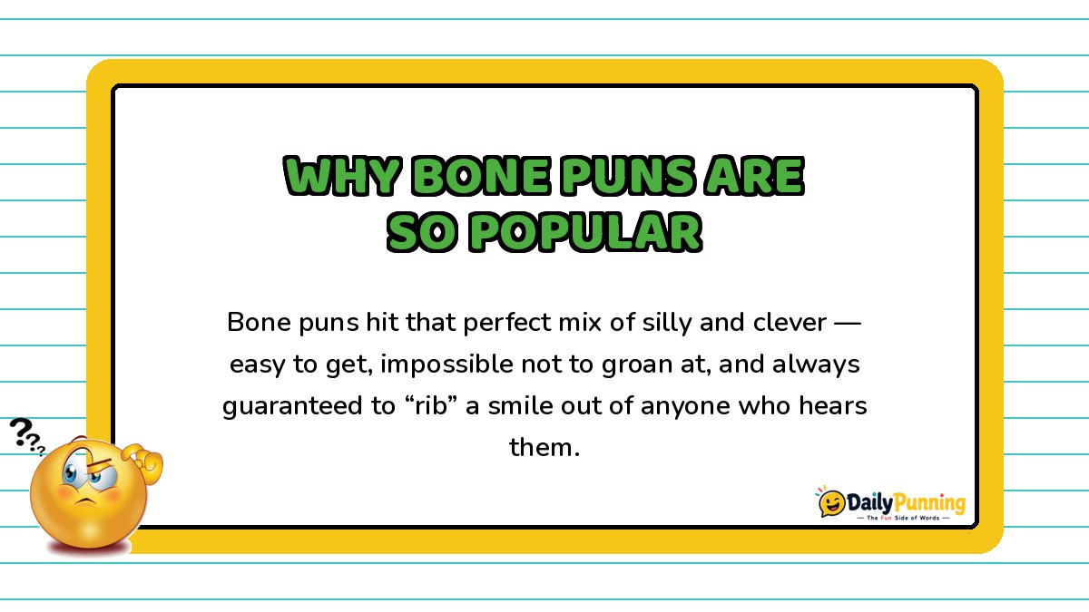 Why Bone Puns Are So Popular card with playful paragraph text about bone wordplay humor, confused emoji, and DailyPunning logo.