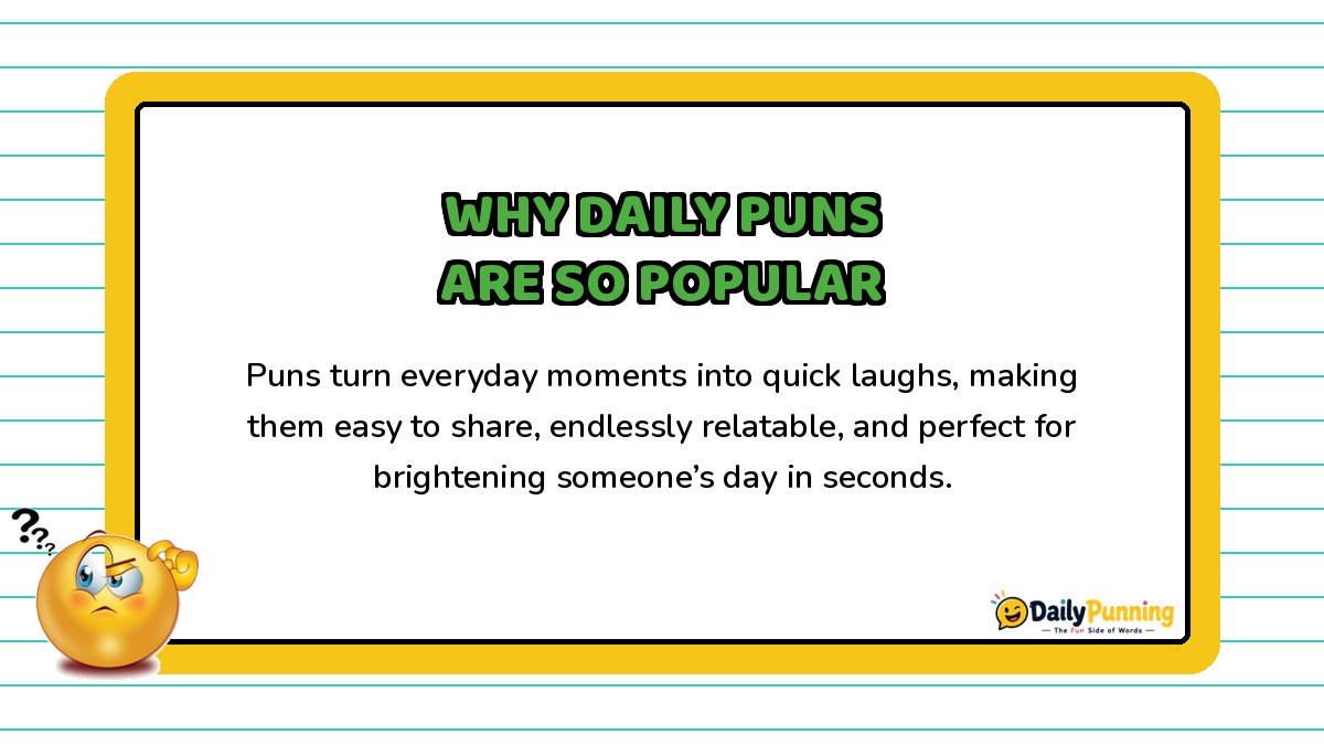 Why daily puns are so popular explained on a yellow-bordered card with paragraph text, confused emoji, and DailyPunning logo design.