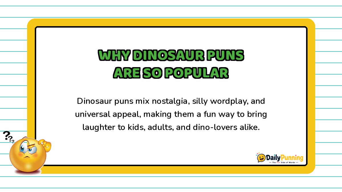 Why dinosaur puns are popular explained on a yellow-bordered card with playful paragraph text, confused emoji, and DailyPunning logo.